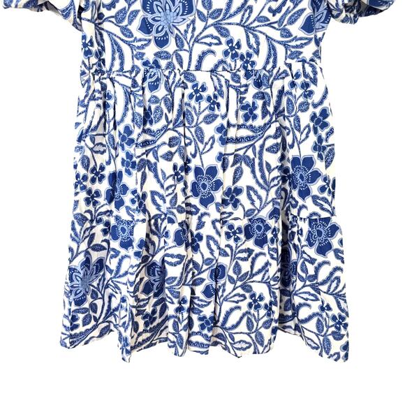 NWOT  Blue Floral Mini Dress Sz L 100% Cotton Tiered Puff Sleeve Prairie Boho - Picture 4 of 8